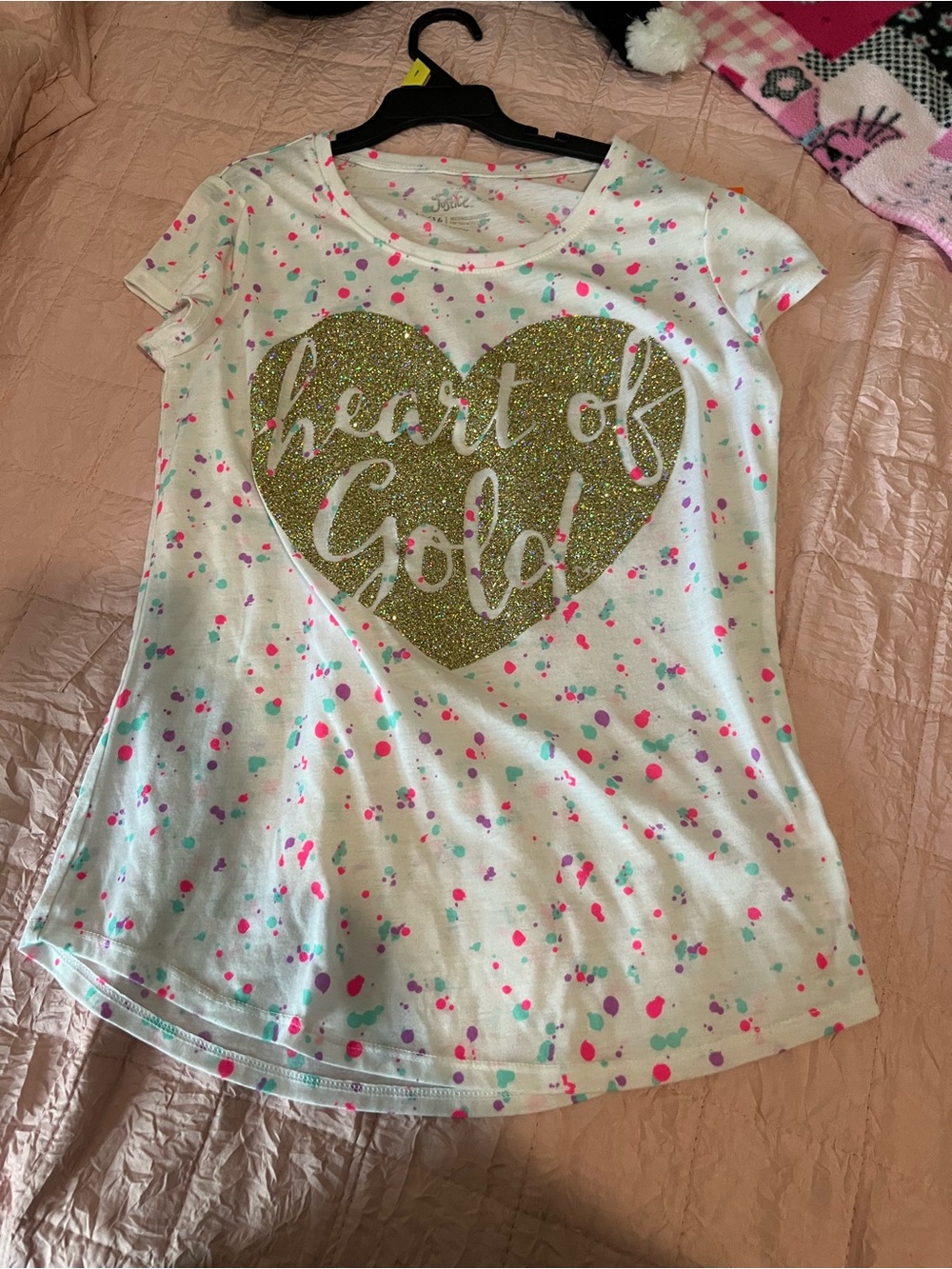 Justice White Tee with Gold Glitter Heart and Pink & Teal Confetti